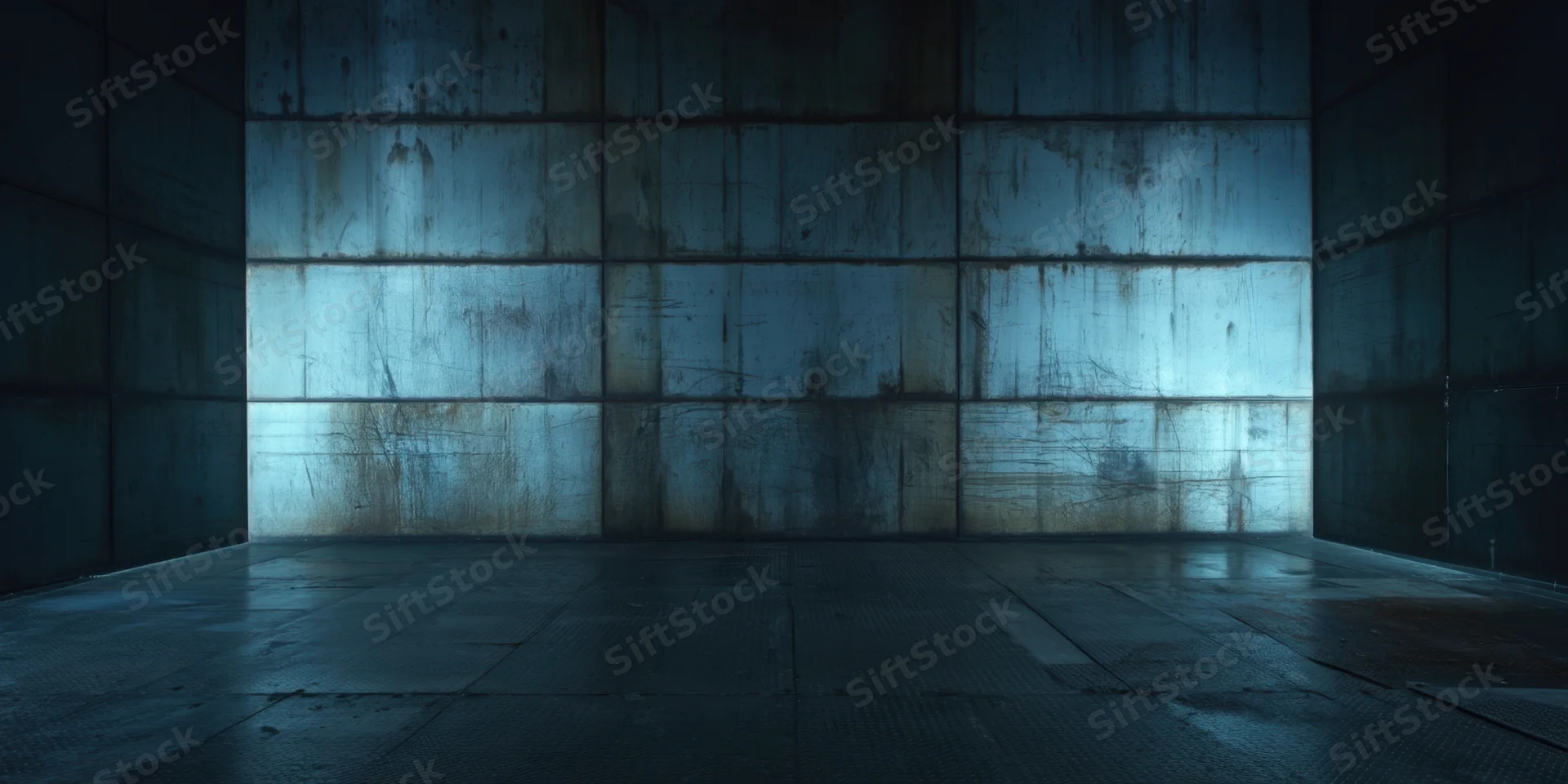 Dim industrial chamber with tall weathered metal panels and concrete floor