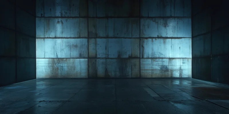 Dim industrial chamber with tall weathered metal panels and concrete floor