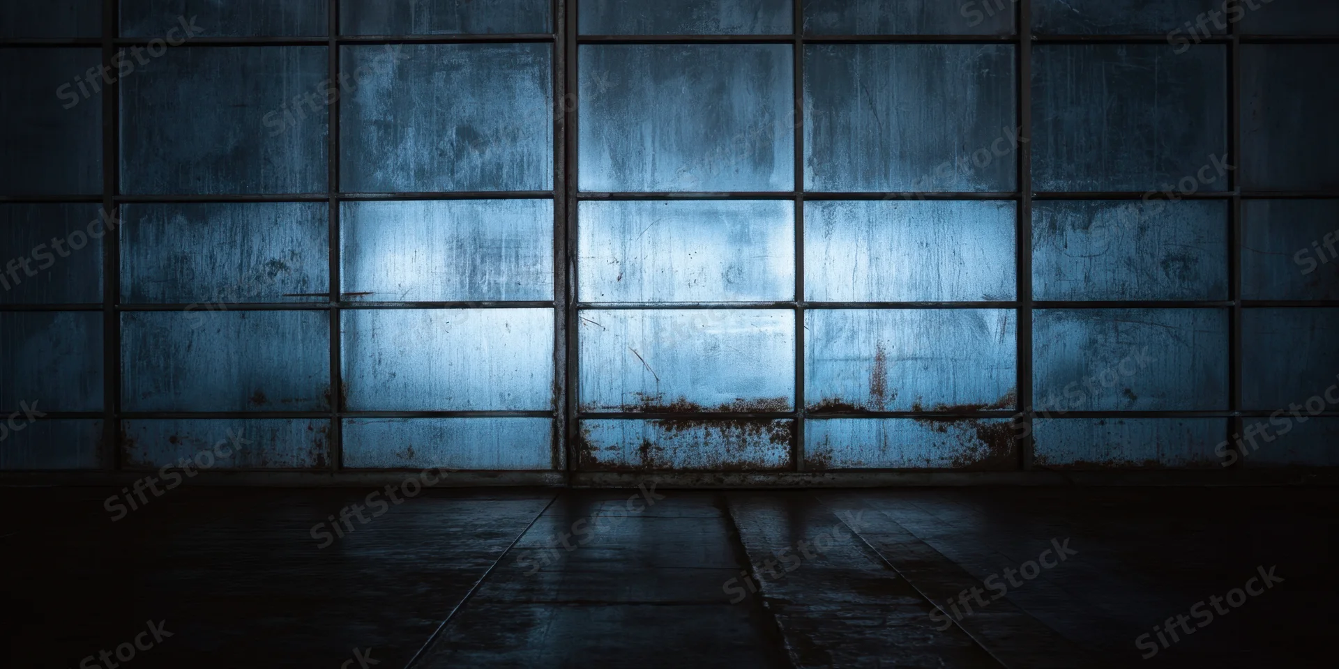 Dim industrial chamber with tall weathered metal panels forming a grid on a dark interior wall