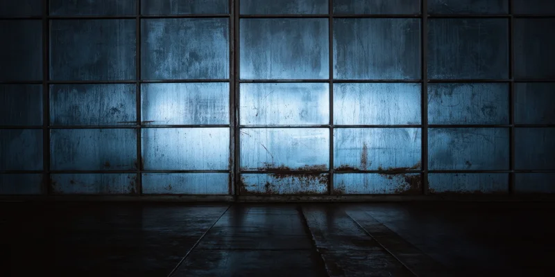 Dim industrial chamber with tall weathered metal panels forming a grid on a dark interior wall