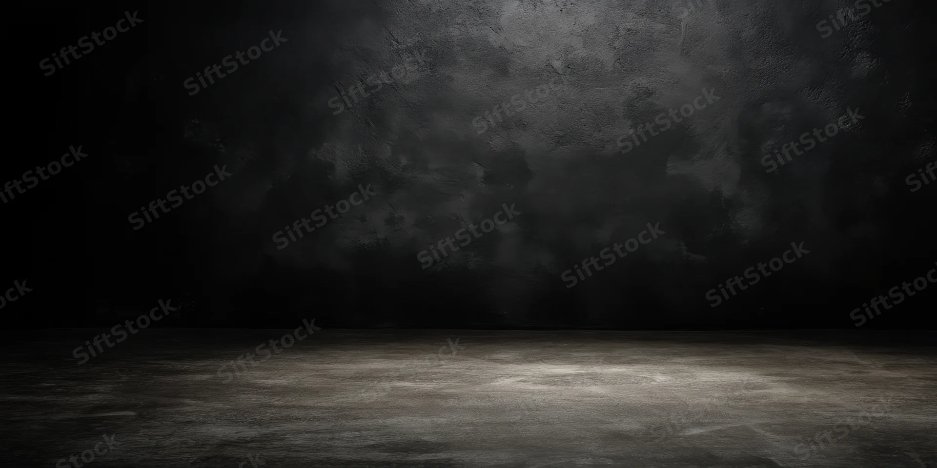 Dimly lit empty studio with rough charcoal-black textured walls and floor, spotlighted center copyspace