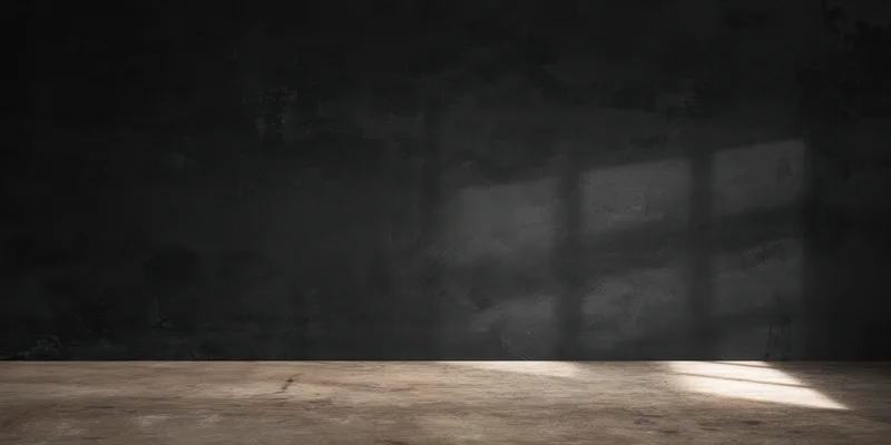 Dimly lit studio interior with rough black textured wall and wooden floor showing window shadow pattern