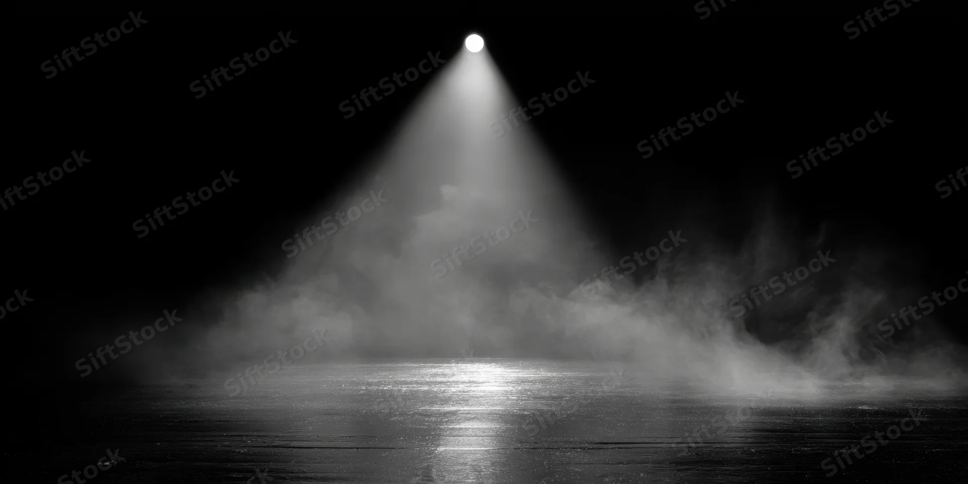 Single spotlight beam illuminating smoke over a glossy stage floor