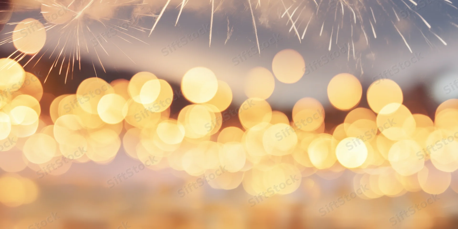 Golden bokeh lights and fireworks in the night sky during a festive celebration