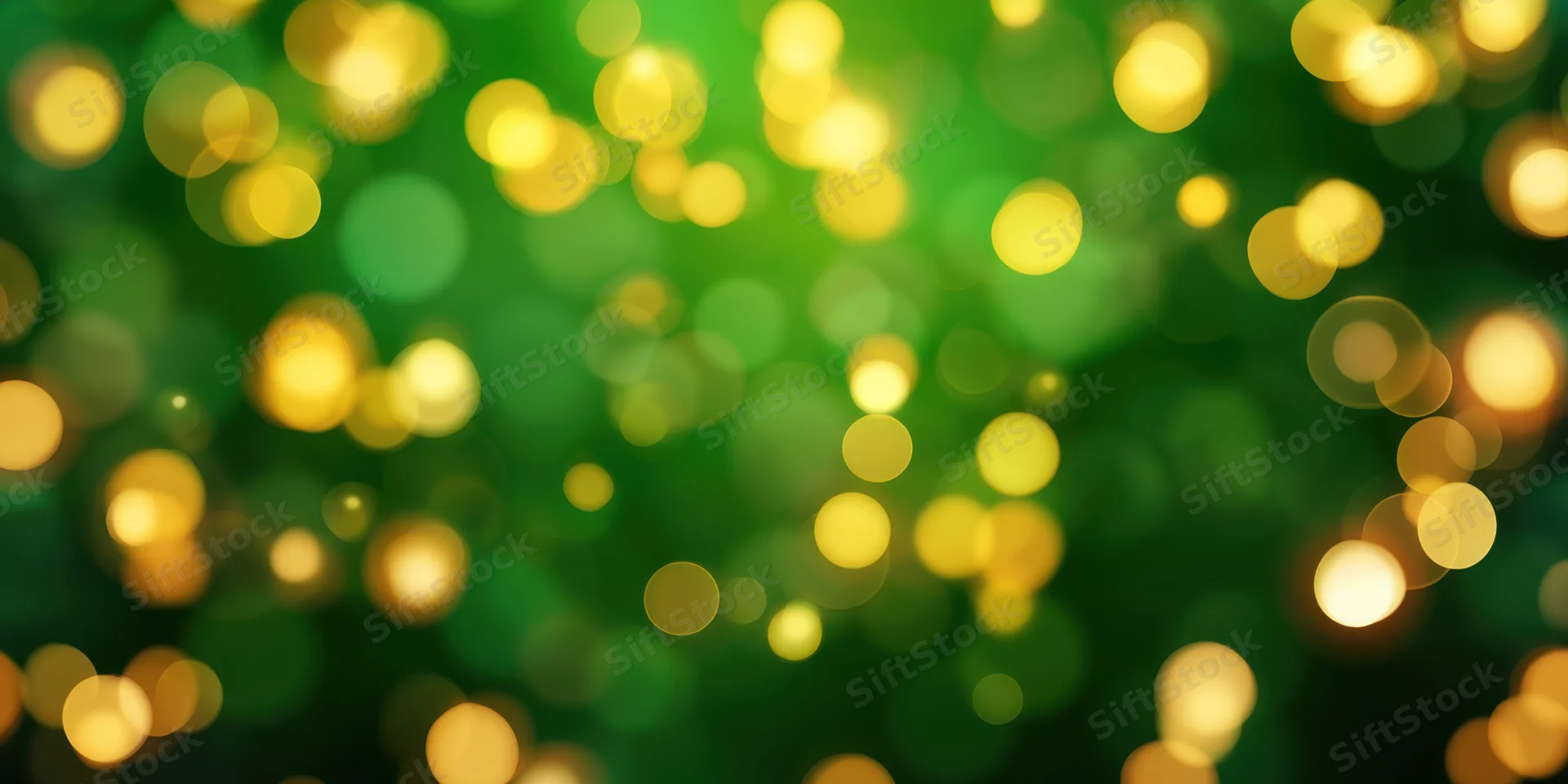 Shimmering golden bokeh lights scattered across an emerald green background