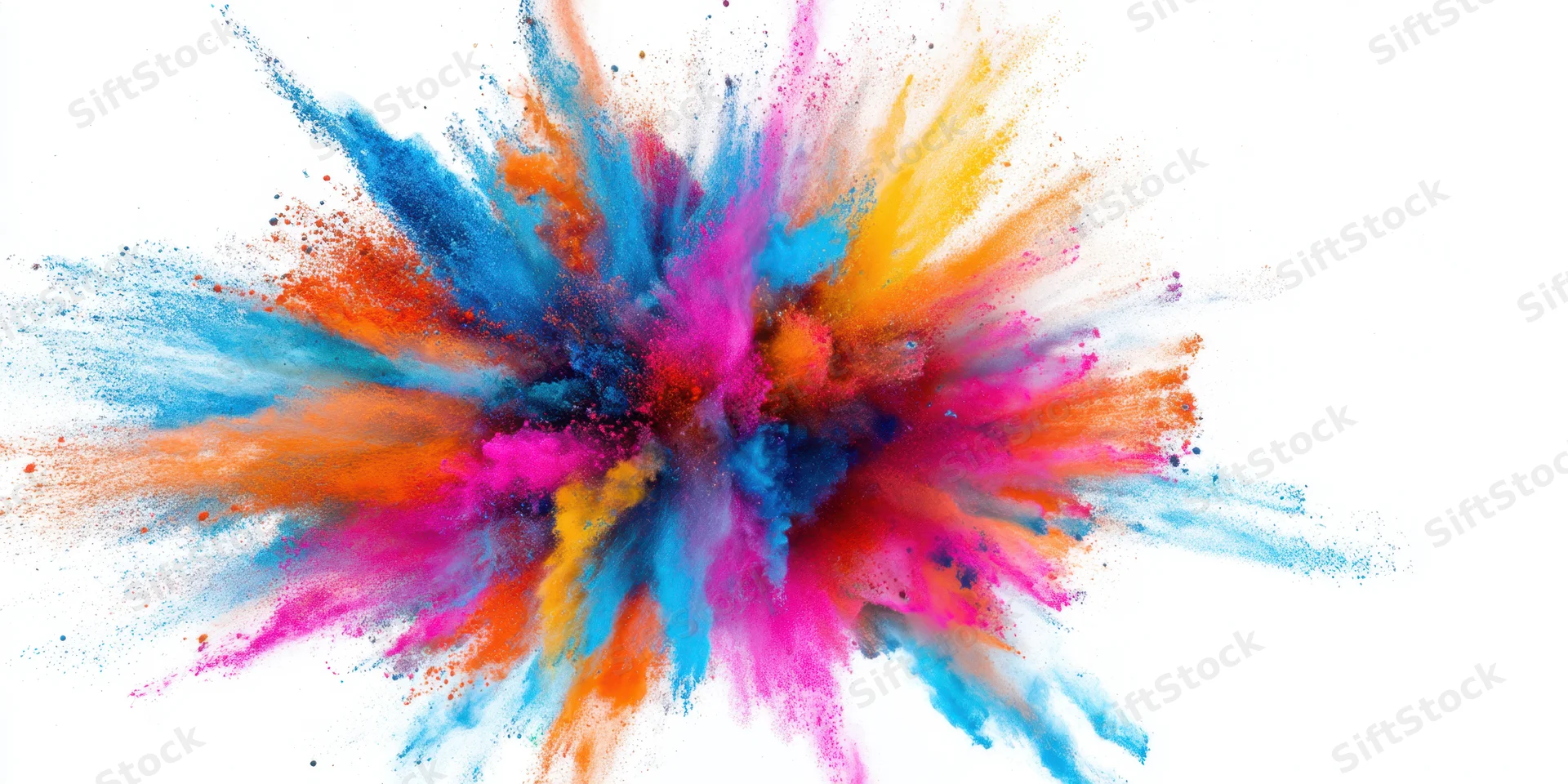 Multicolored powder bursting outward in dynamic explosion against white background