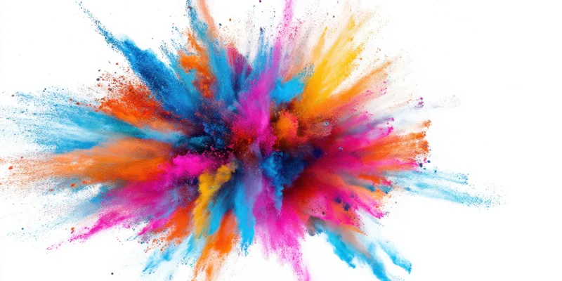 Multicolored powder bursting outward in dynamic explosion against white background