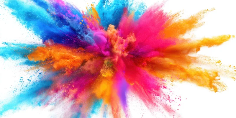 Multicolored powder bursting outward in dynamic explosion against white background