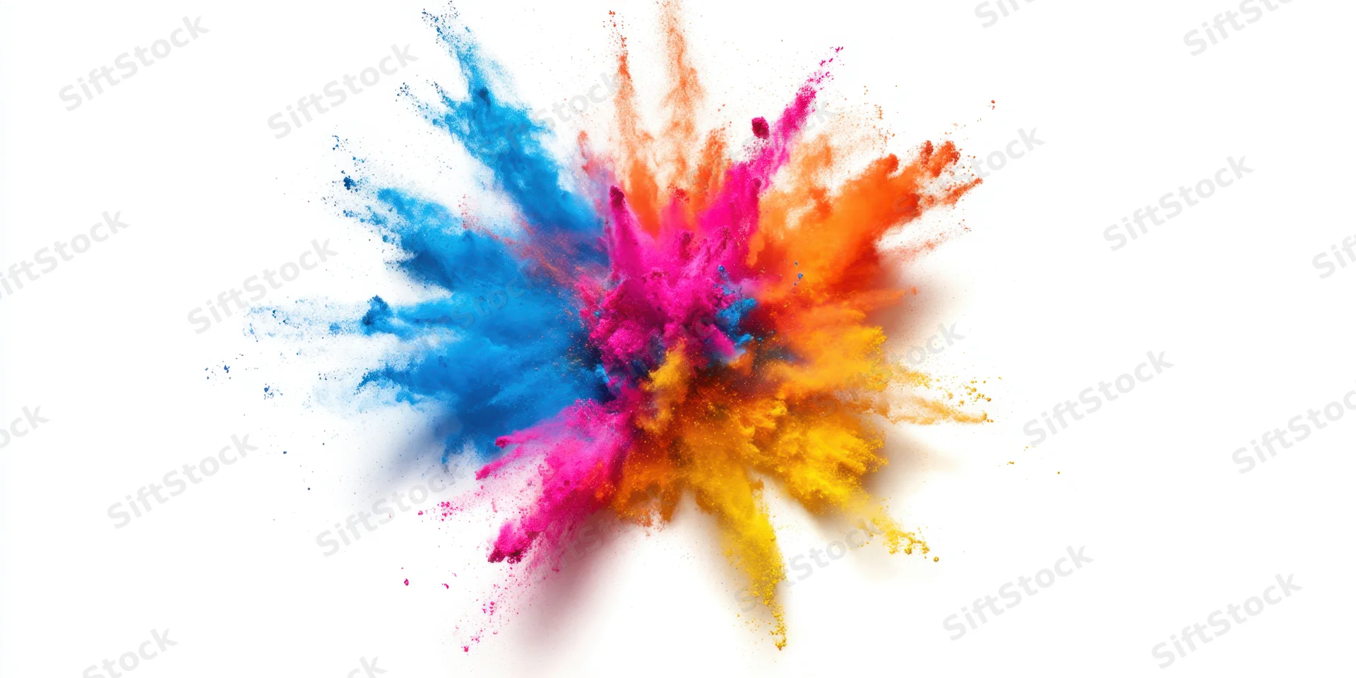 Multicolored powder bursting outward in dynamic explosion against white background