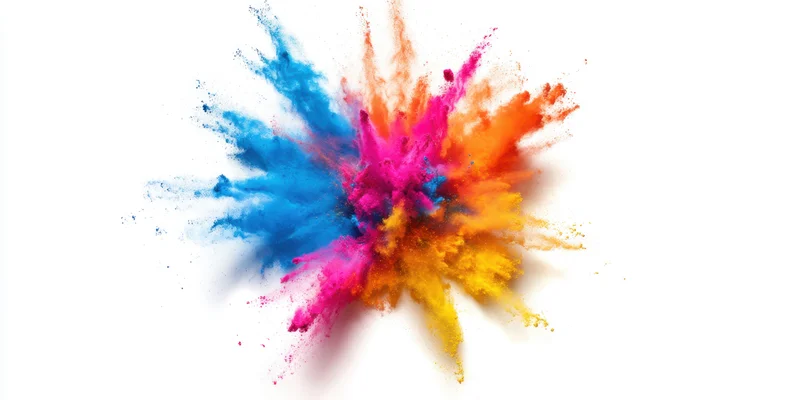 Multicolored powder bursting outward in dynamic explosion against white background