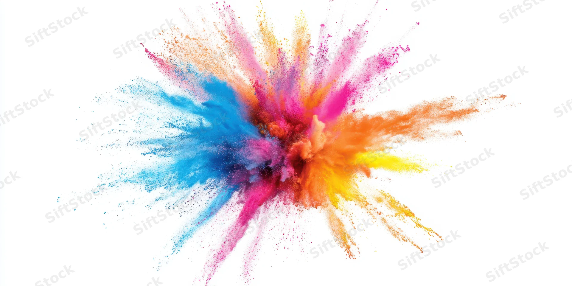 Multicolored powder bursting outward in dynamic explosion against white background