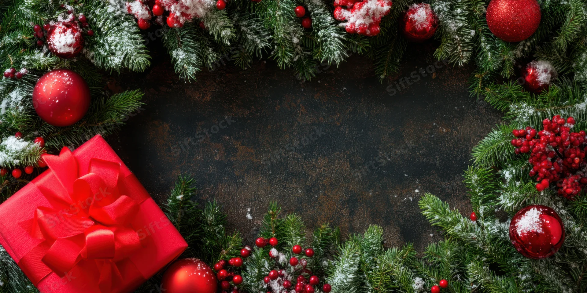 Christmas border of pine branches and red ornaments with gift box on dark textured surface