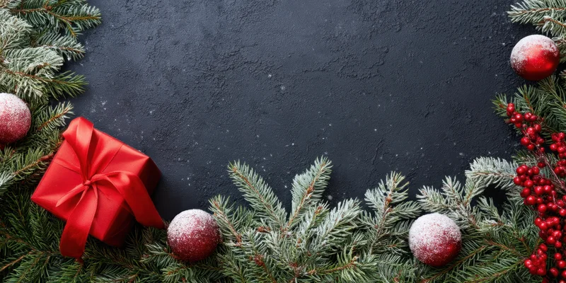 Pine branches and red ornaments arranged as a festive border on dark textured surface with copyspace