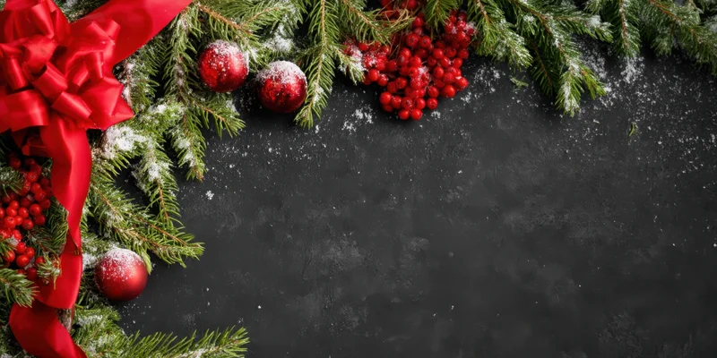 Christmas border with pine branches, red ribbon, ornaments and berries on dark surface with copyspace
