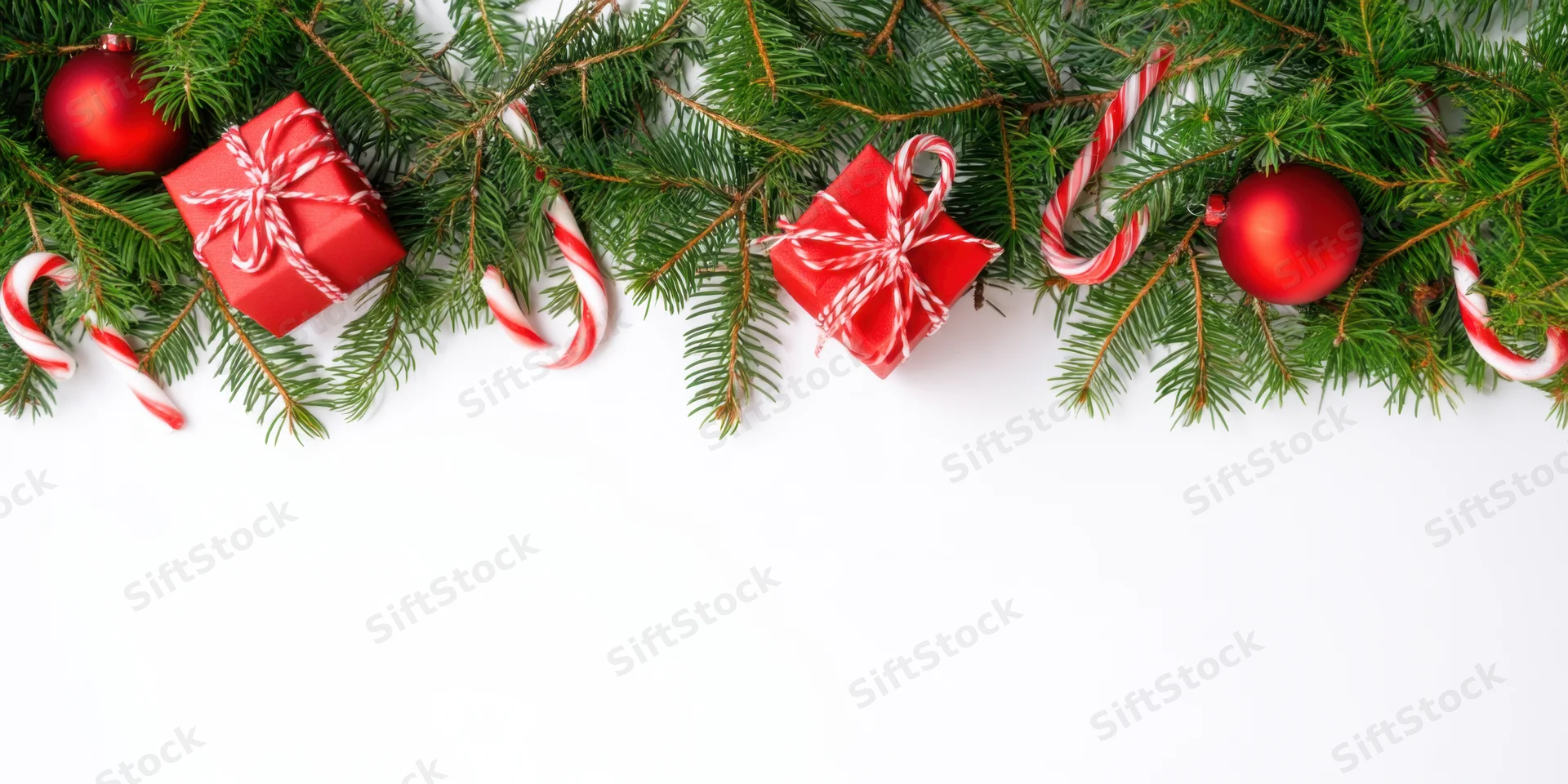 Evergreen branches with red ornaments, gifts, and candy canes arranged as a festive border on white background with copyspace