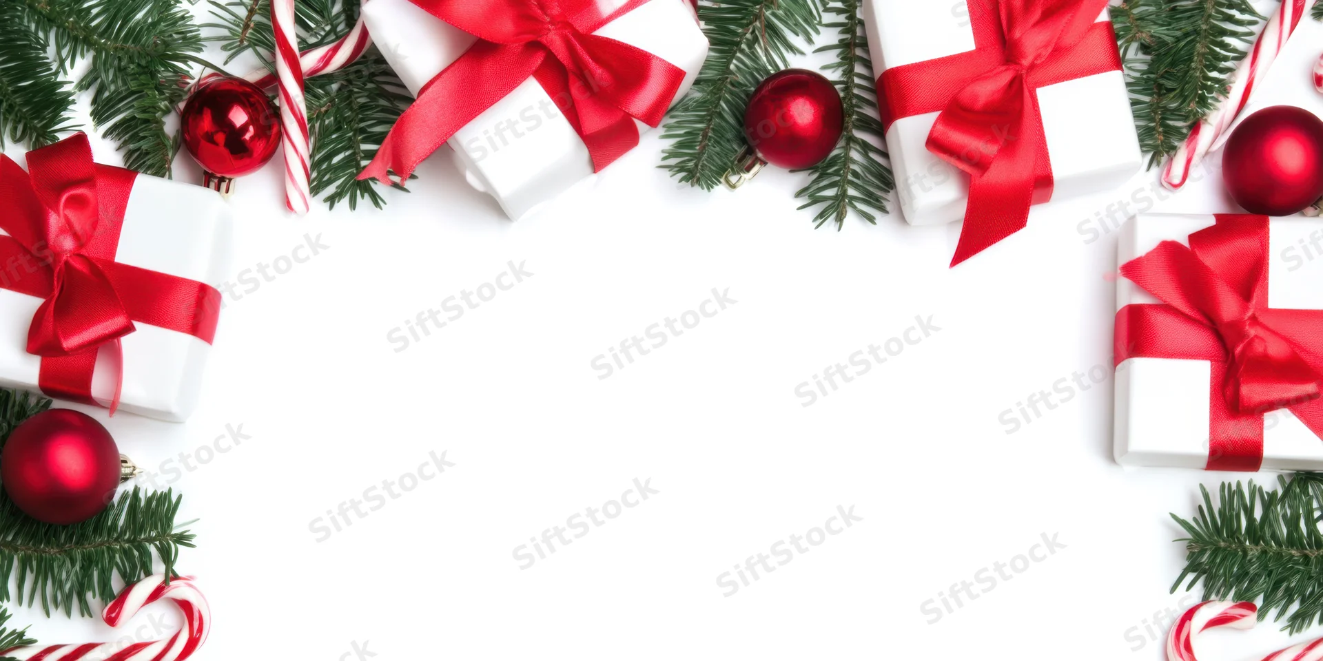 Christmas border with white gift boxes, red ribbons, pine branches, ornaments and candy canes arranged around white copyspace