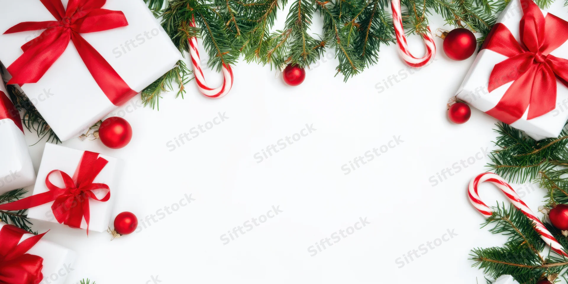 Christmas border with white gift boxes, red ribbons, pine branches, candy canes and ornaments arranged around a white copyspace