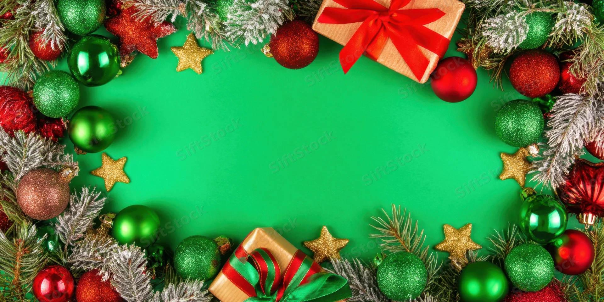 Christmas border decoration with ornaments and gifts arranged around a green background
