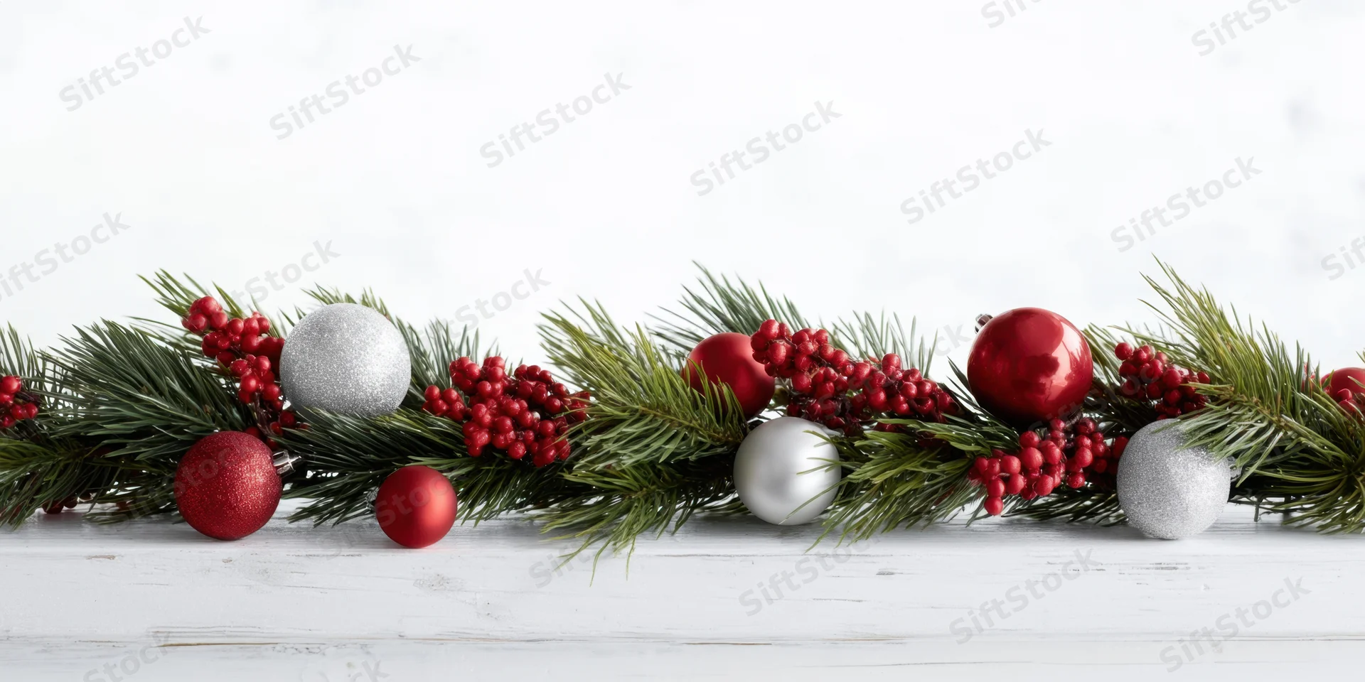 Christmas garland with pine branches, red and silver ornaments, and berries arranged along white wooden surface