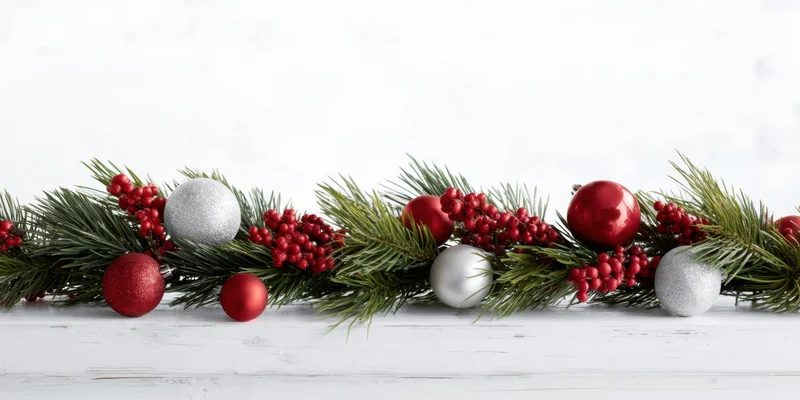 Christmas garland with pine branches, red and silver ornaments, and berries arranged along white wooden surface