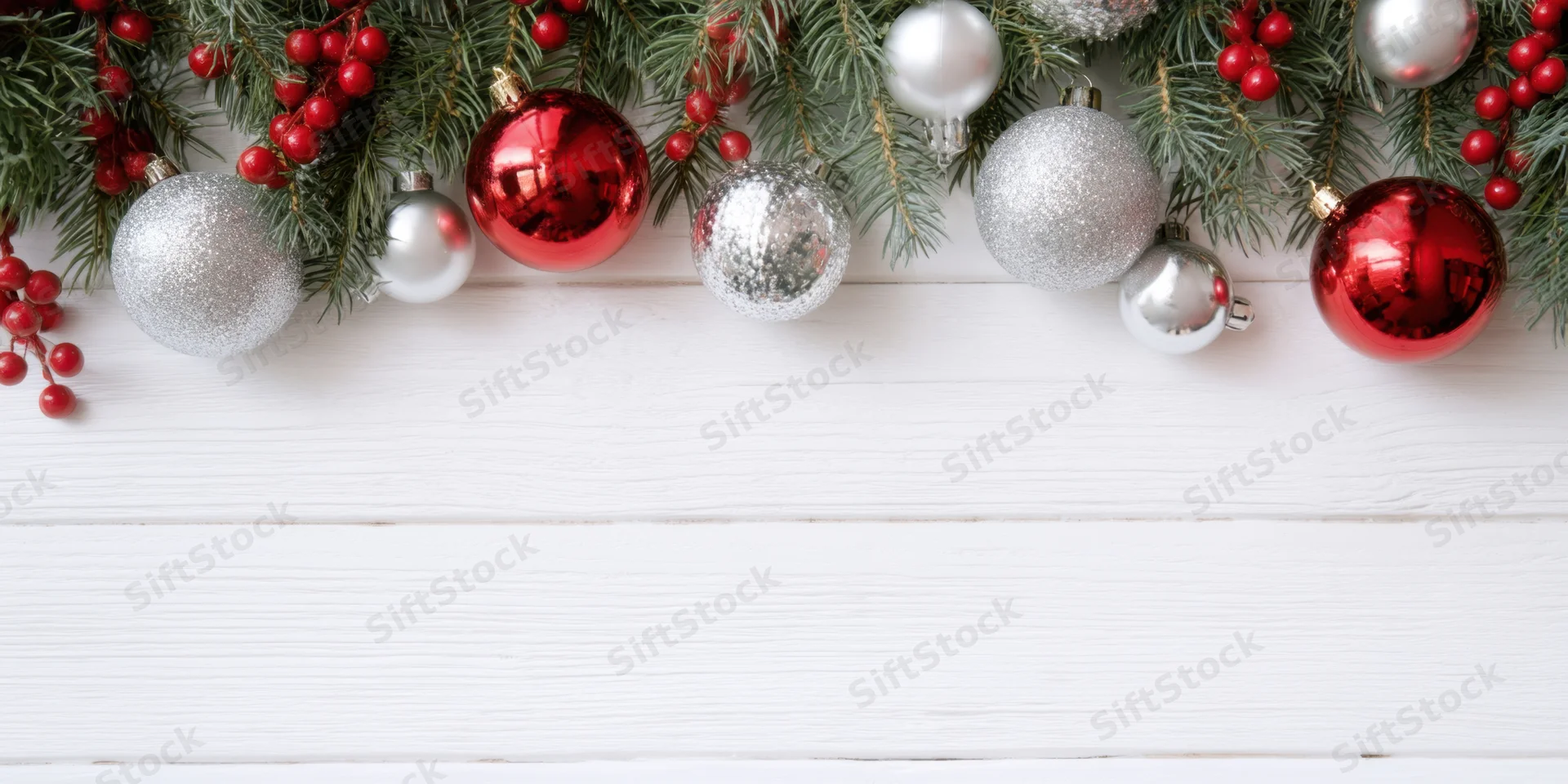 Christmas garland with red and silver ornaments arranged along top edge of white wooden surface, leaving copyspace below
