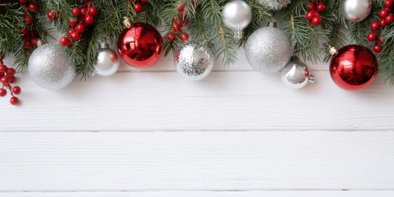 Christmas garland with red and silver ornaments arranged along top edge of white wooden surface, leaving copyspace below