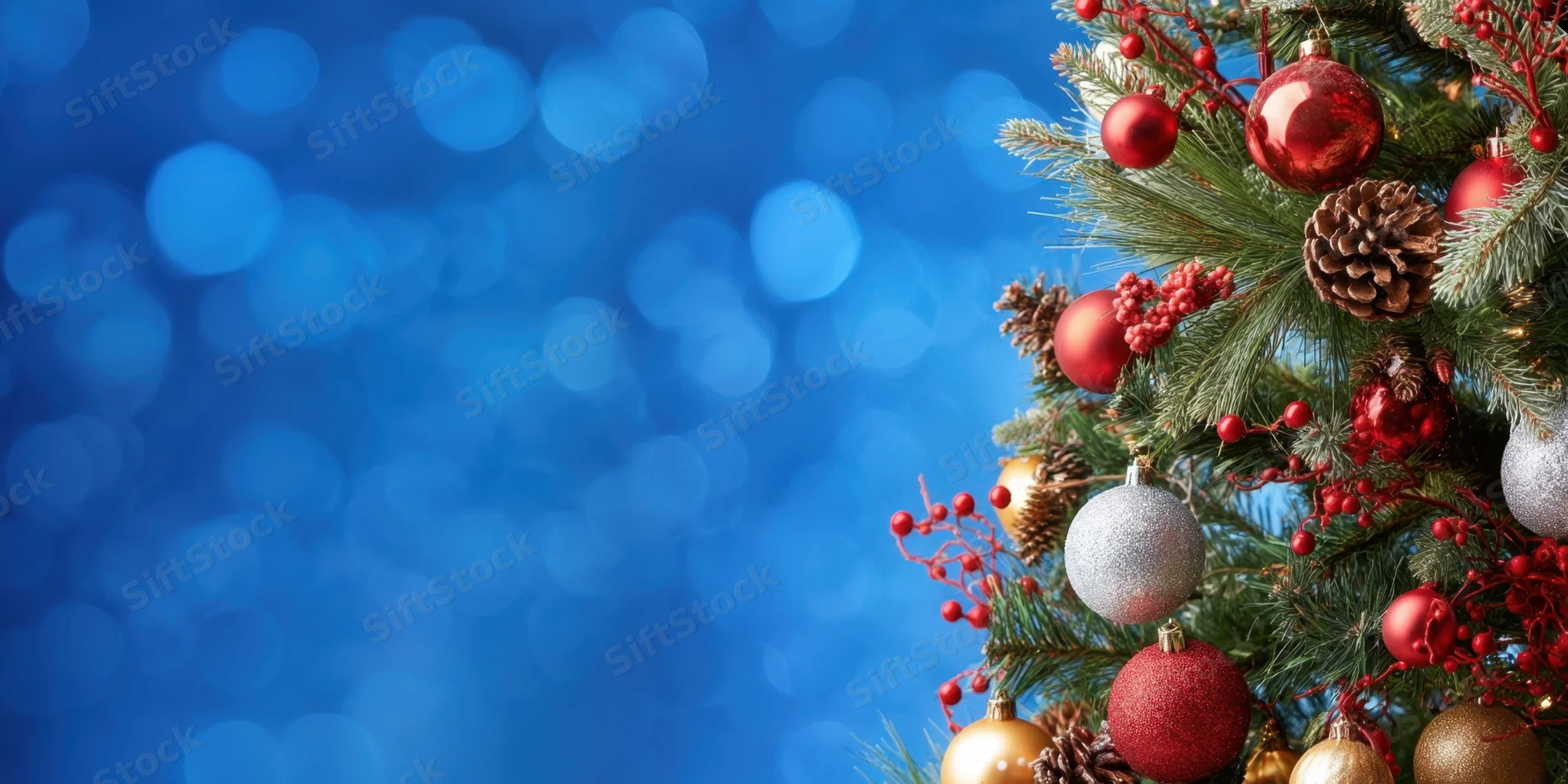 Decorated christmas tree with red and silver ornaments on blue bokeh background