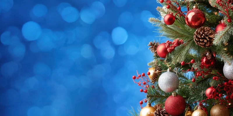 Decorated christmas tree with red and silver ornaments on blue bokeh background