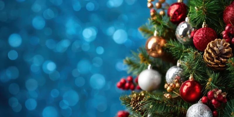 Decorated christmas tree with ornaments and pinecones on blue bokeh background