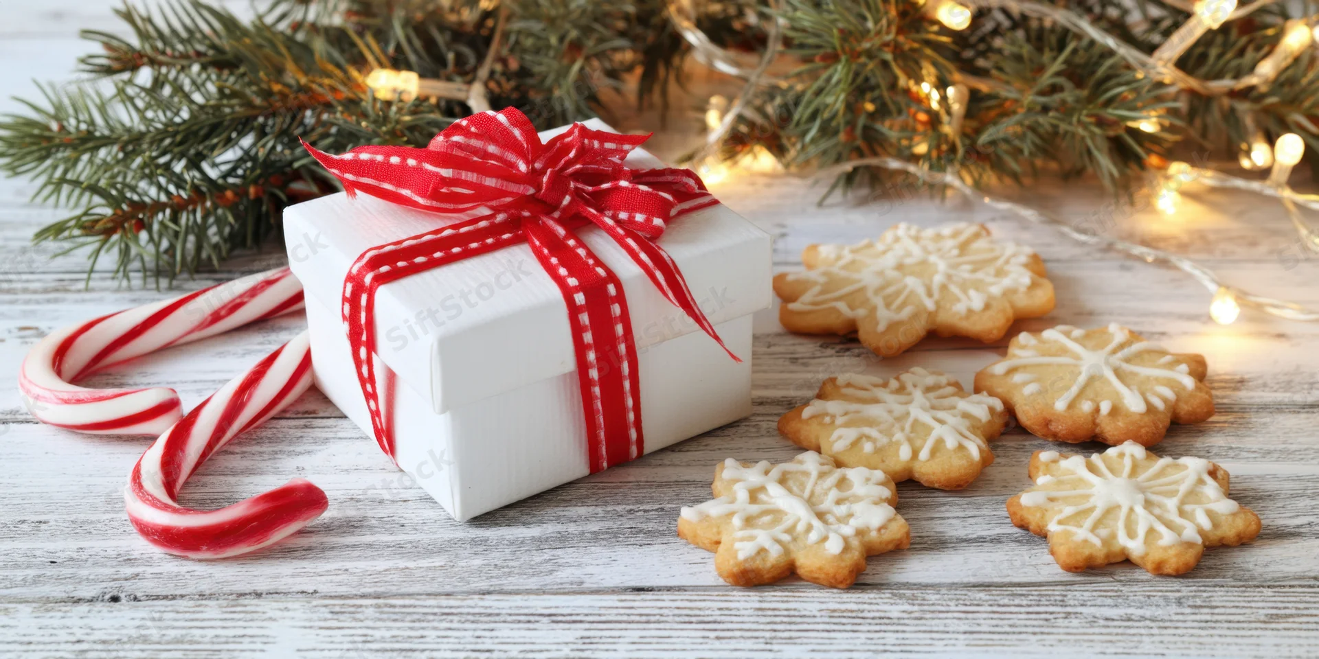 Christmas gift box with red ribbon, candy canes, snowflake cookies, and pine branches on whitewashed wooden surface