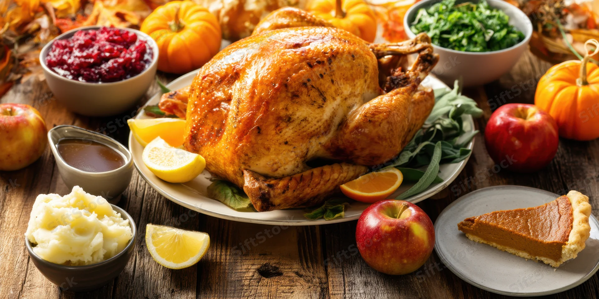 Roasted turkey with side dishes arranged on a rustic wooden table for a thanksgiving feast
