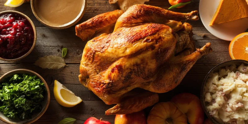 Roasted turkey with side dishes arranged on a rustic wooden table for autumn feast