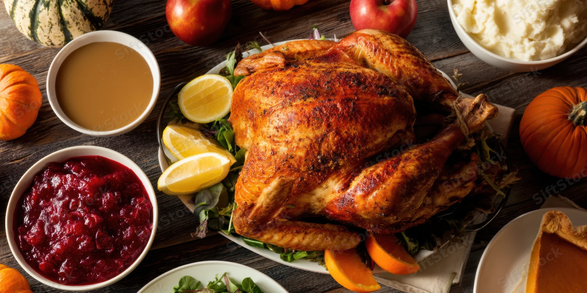 Roasted turkey on a rustic wooden table surrounded by autumn harvest foods and holiday side dishes