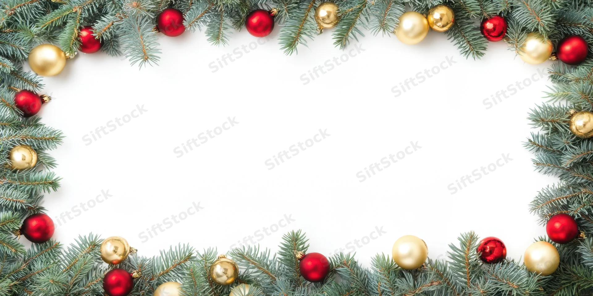 Evergreen pine branches with red and gold ornaments arranged as a festive border on white background