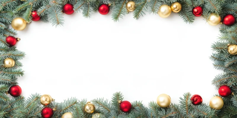 Evergreen pine branches with red and gold ornaments arranged as a festive border on white background