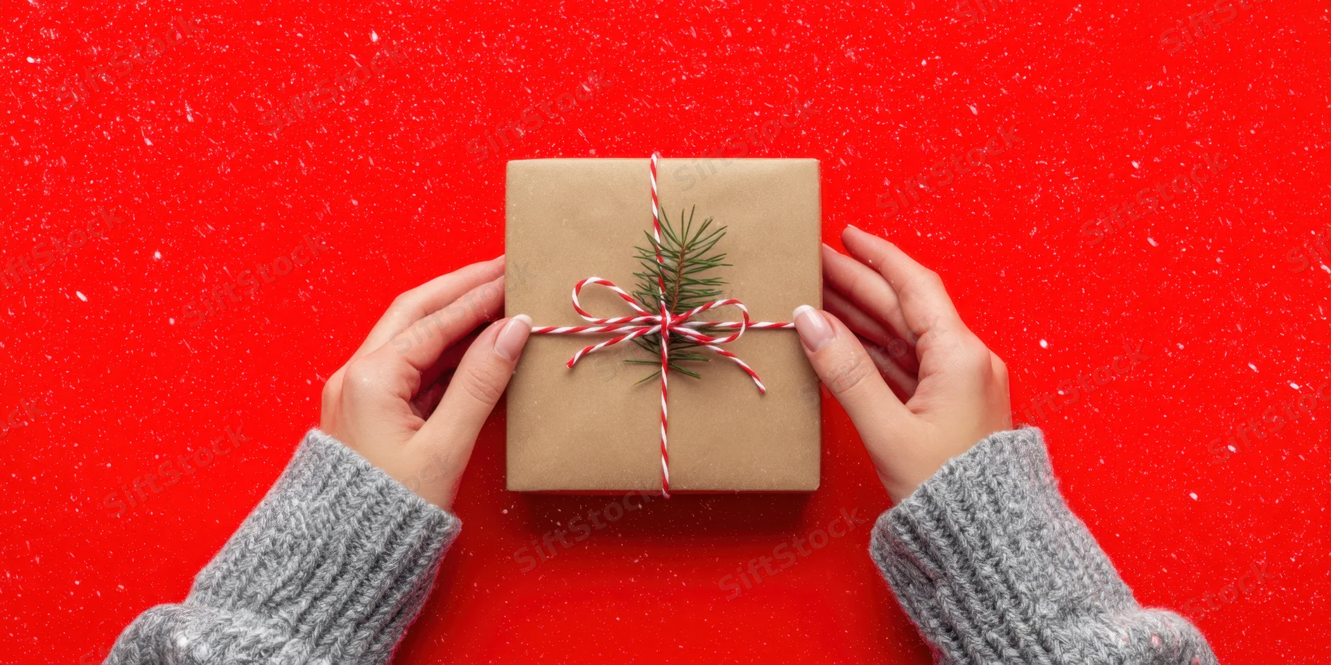 Hands holding a brown gift box wrapped with red and white twine and pine sprig on red background