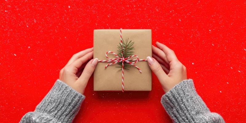 Festive brown gift box wrapped with red and white twine accents