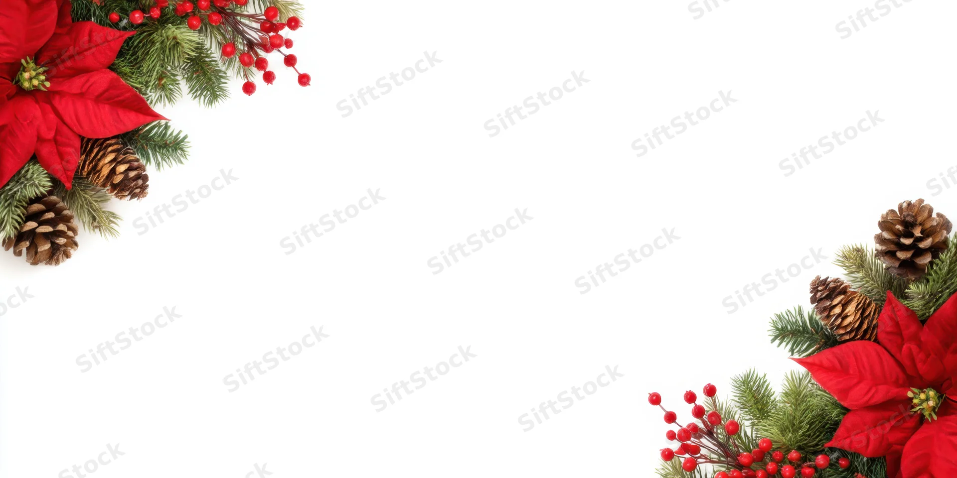 Red poinsettias and pinecones arranged in corners with evergreen branches and berries on white background