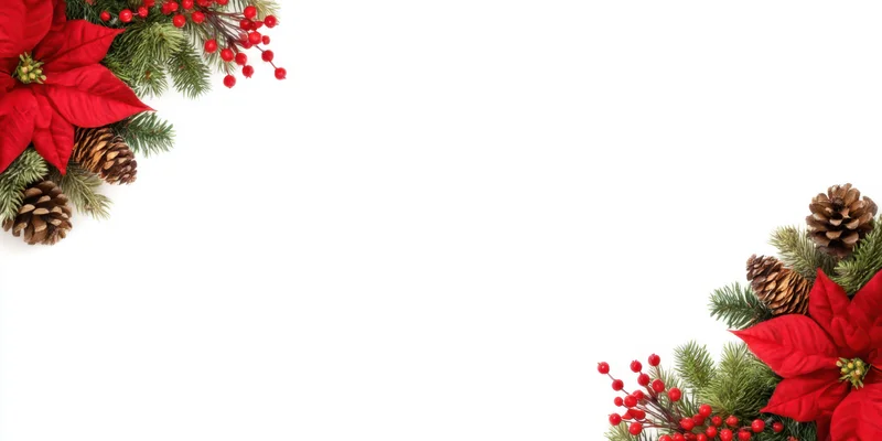 Red poinsettias and pinecones arranged in corners with evergreen branches and berries on white background