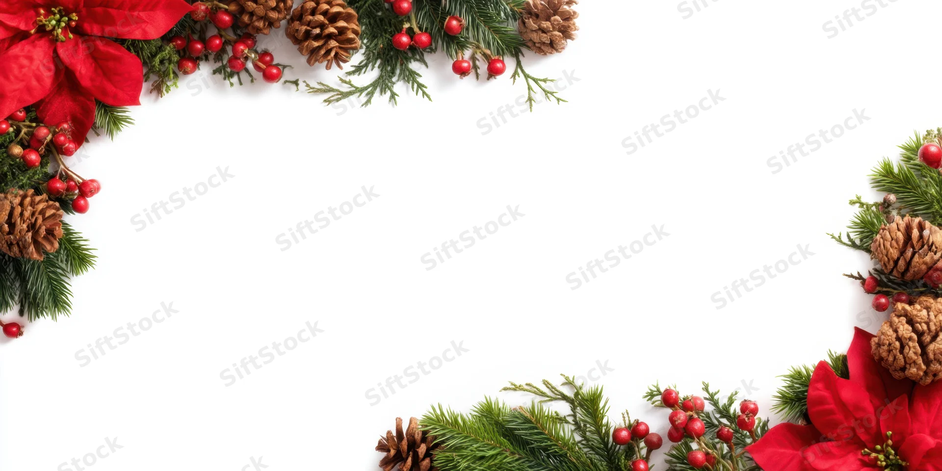Festive corner arrangement with red poinsettias, pine cones, and evergreen branches forming a border on white background