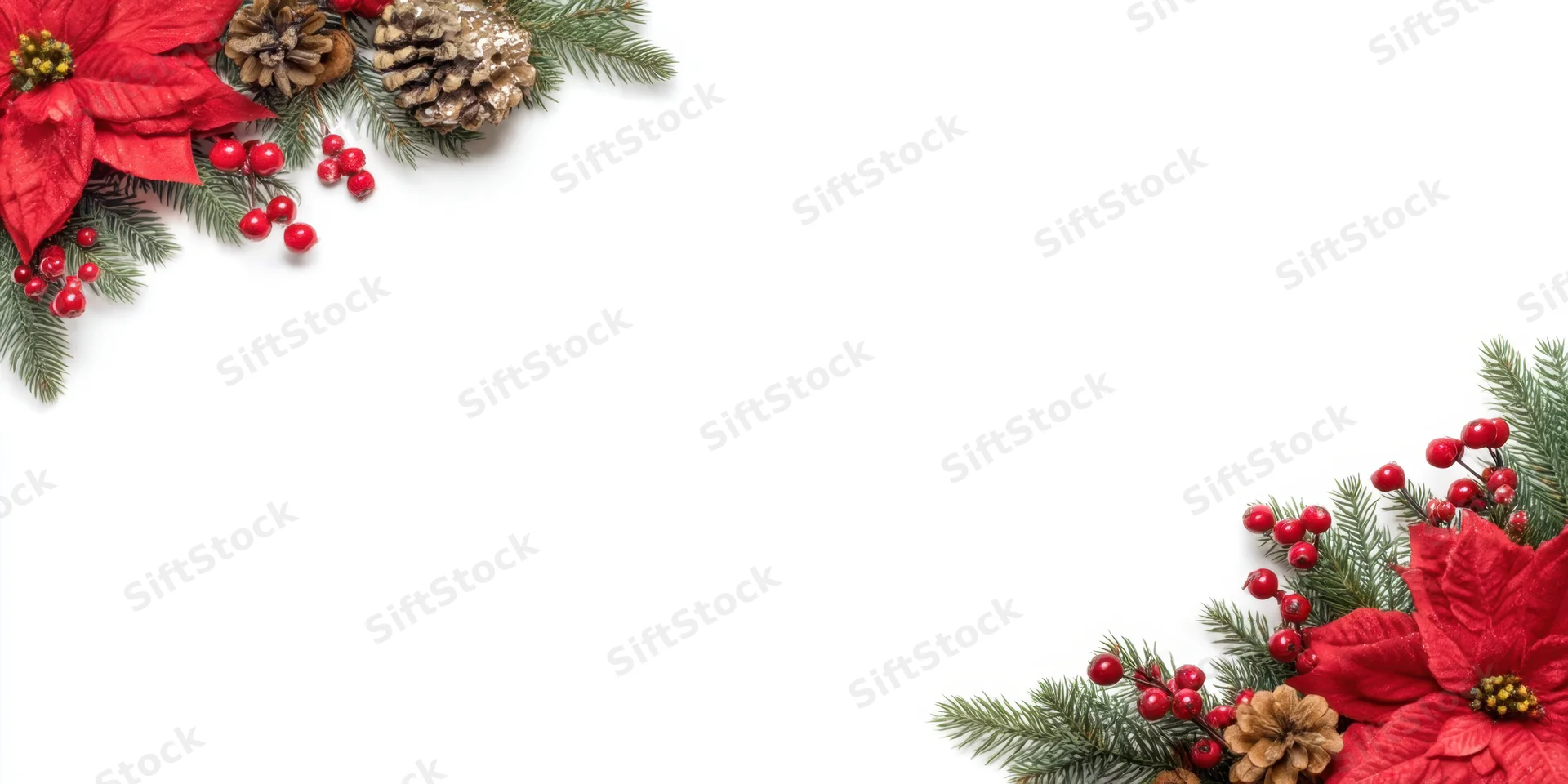 Red poinsettias and pinecones arranged in corners with evergreen branches and berries on white background