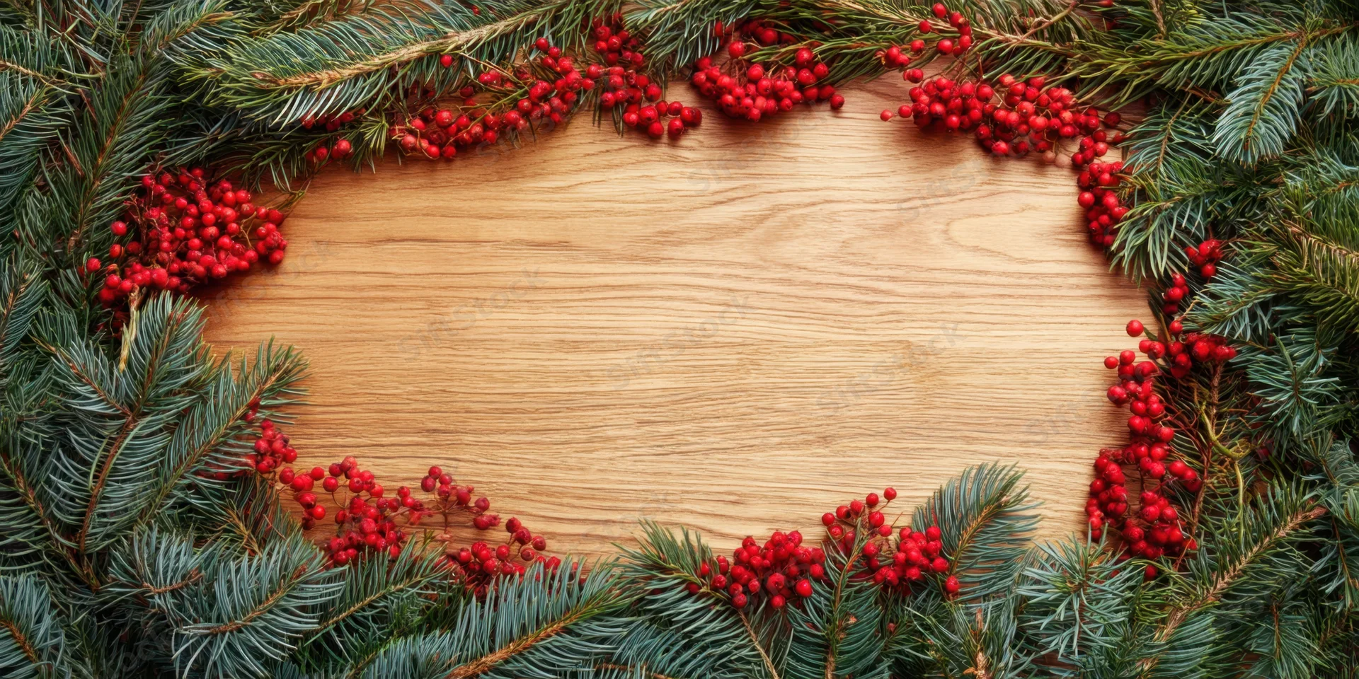 Evergreen branches with red berries arranged in a heart-shaped frame on a wooden surface