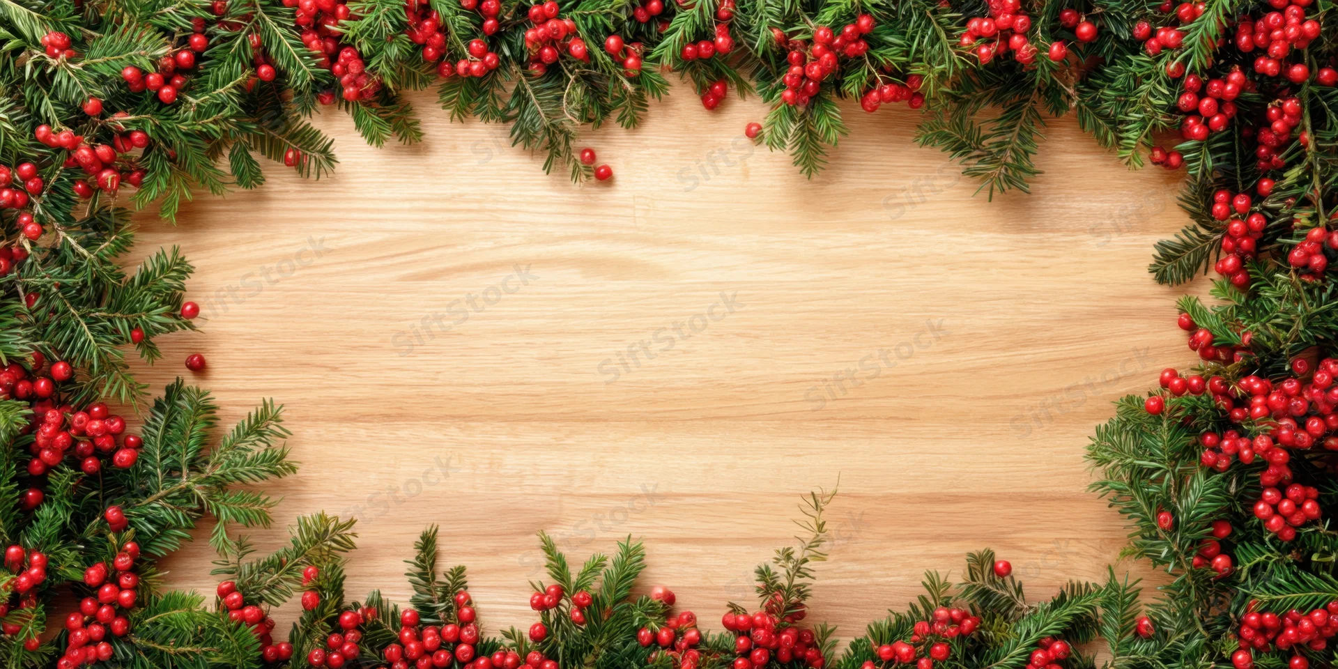 Evergreen branches with red berries arranged in a frame on a wooden surface