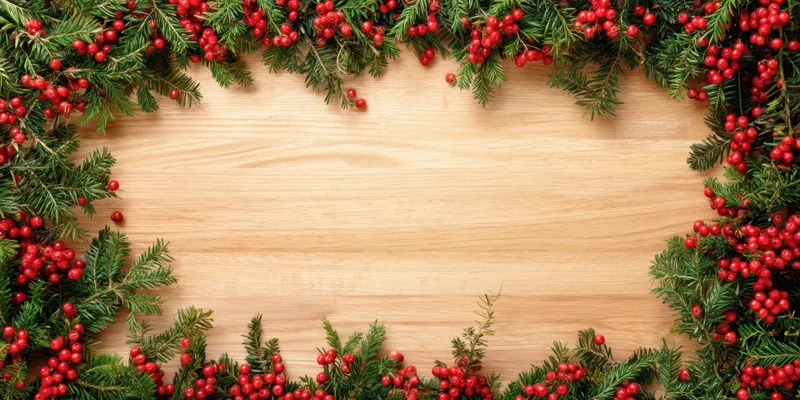 Evergreen branches with red berries arranged in a frame on a wooden surface