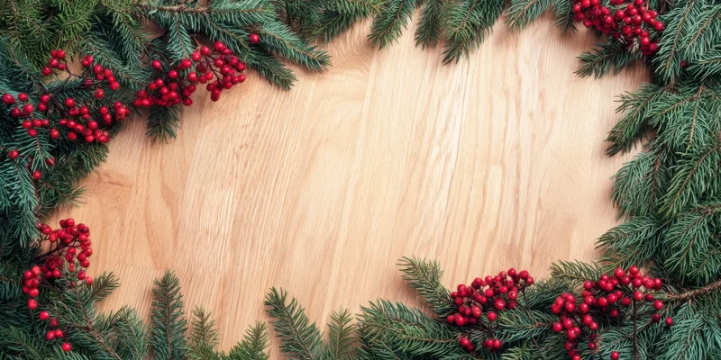 Evergreen branches with red berries arranged in a circular frame on a wooden surface