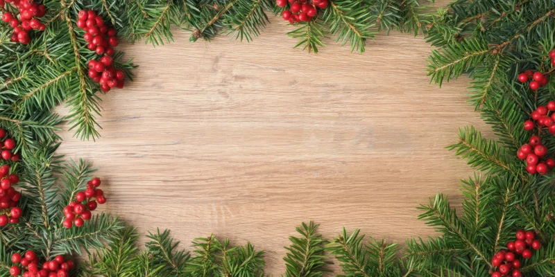 Evergreen branches with red berries arranged in a frame on a wooden surface