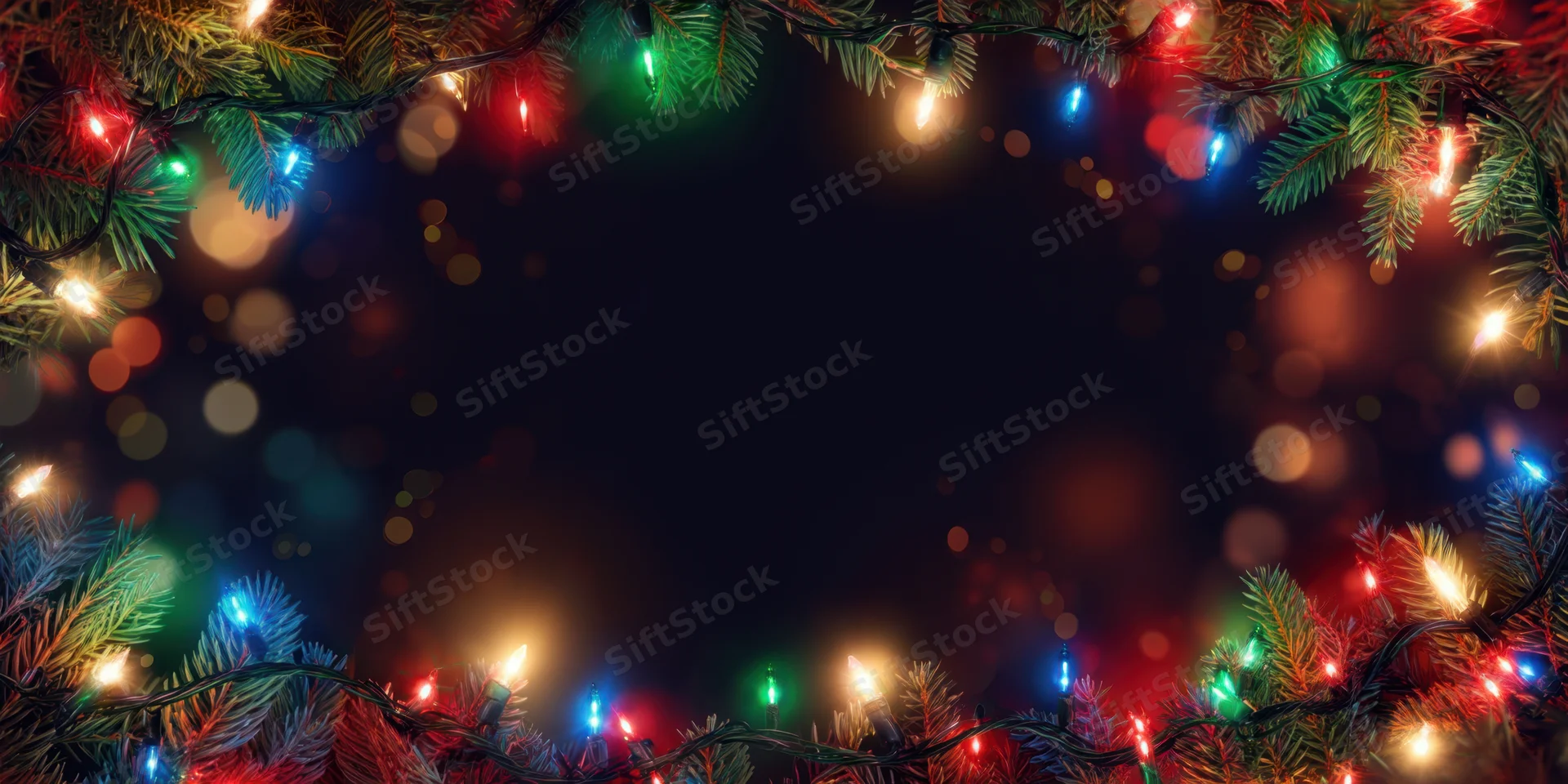 Evergreen branches with colorful string lights arranged as a festive frame with copyspace in the center