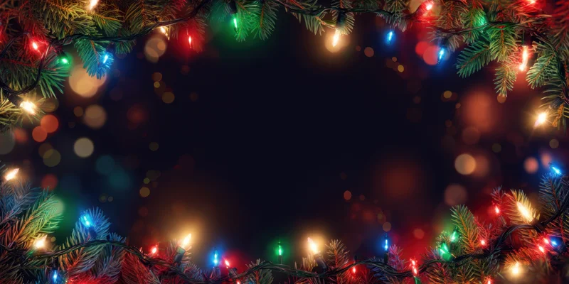 Evergreen branches with colorful string lights arranged as a festive frame with copyspace in the center