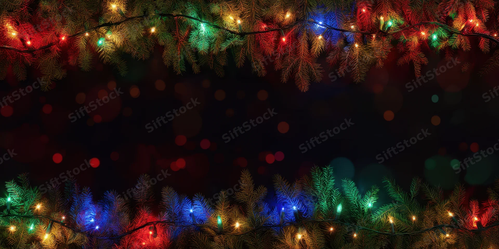 Evergreen branches with colorful string lights arranged as a festive frame against a dark background with bokeh lights and copyspace