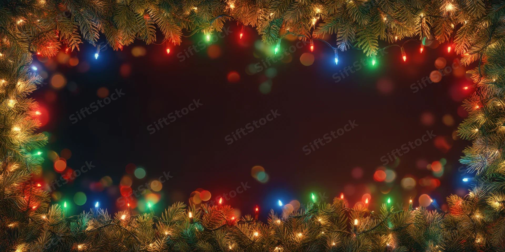 Evergreen branches with colorful string lights arranged as a festive frame with blurred bokeh background and copyspace in center